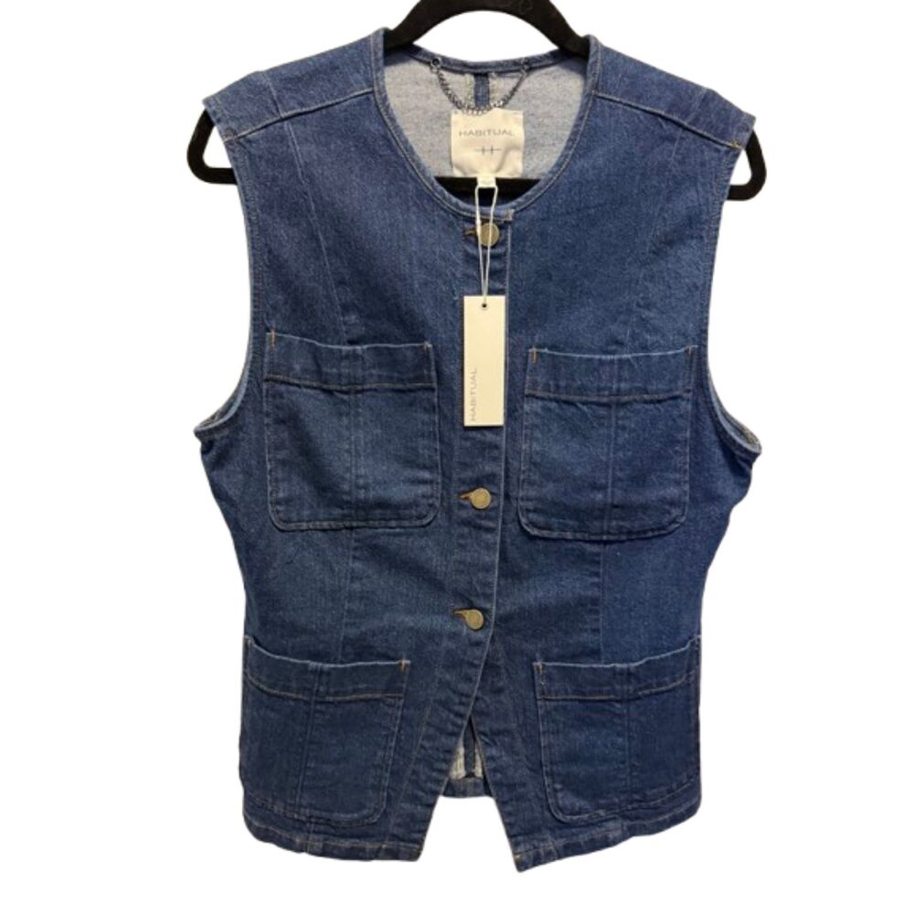 Habitual Denim Utility Vest Women Blue 4 Pocket Button Front